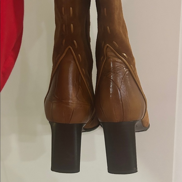 Made In Italy Camel Tan Brushed Suede and Leather High Calf Heeled Boots - Picture 10 of 14